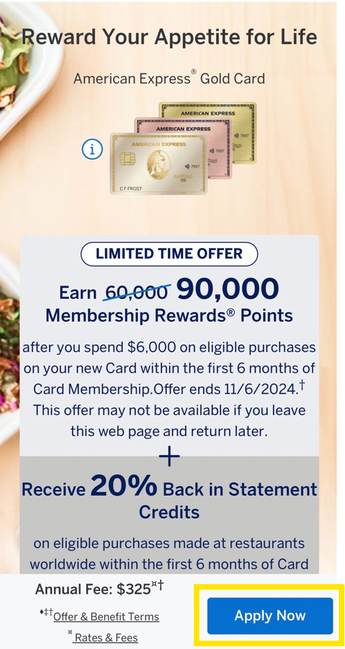 American-Express-Gold-Card　TOP画面から申し込みボタンをクリック